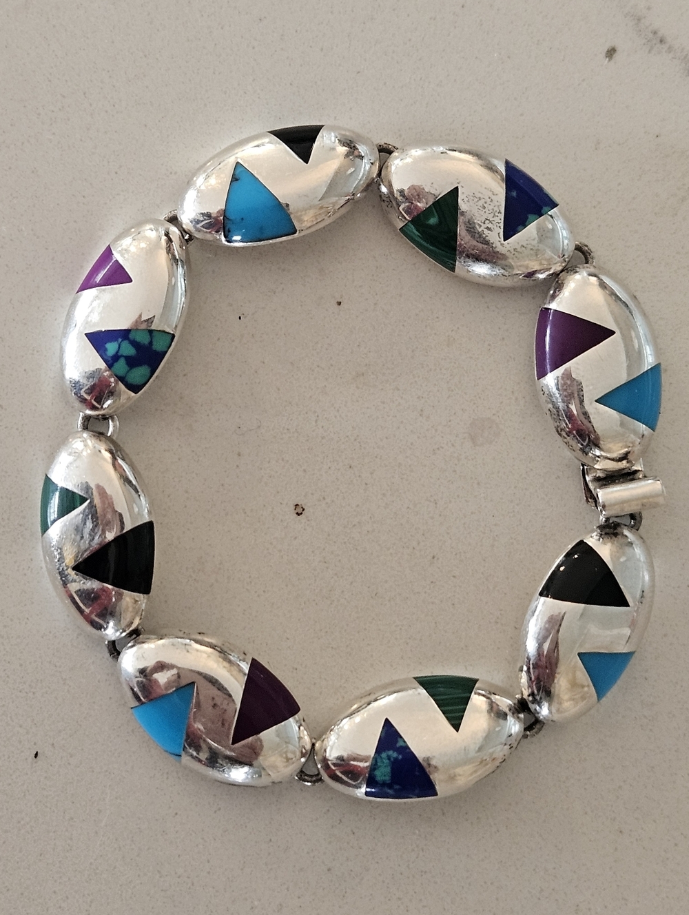 Mid Century Modern CII Taxco Sterling Silver Inlay Multi-Color Oval Bracelet 8"